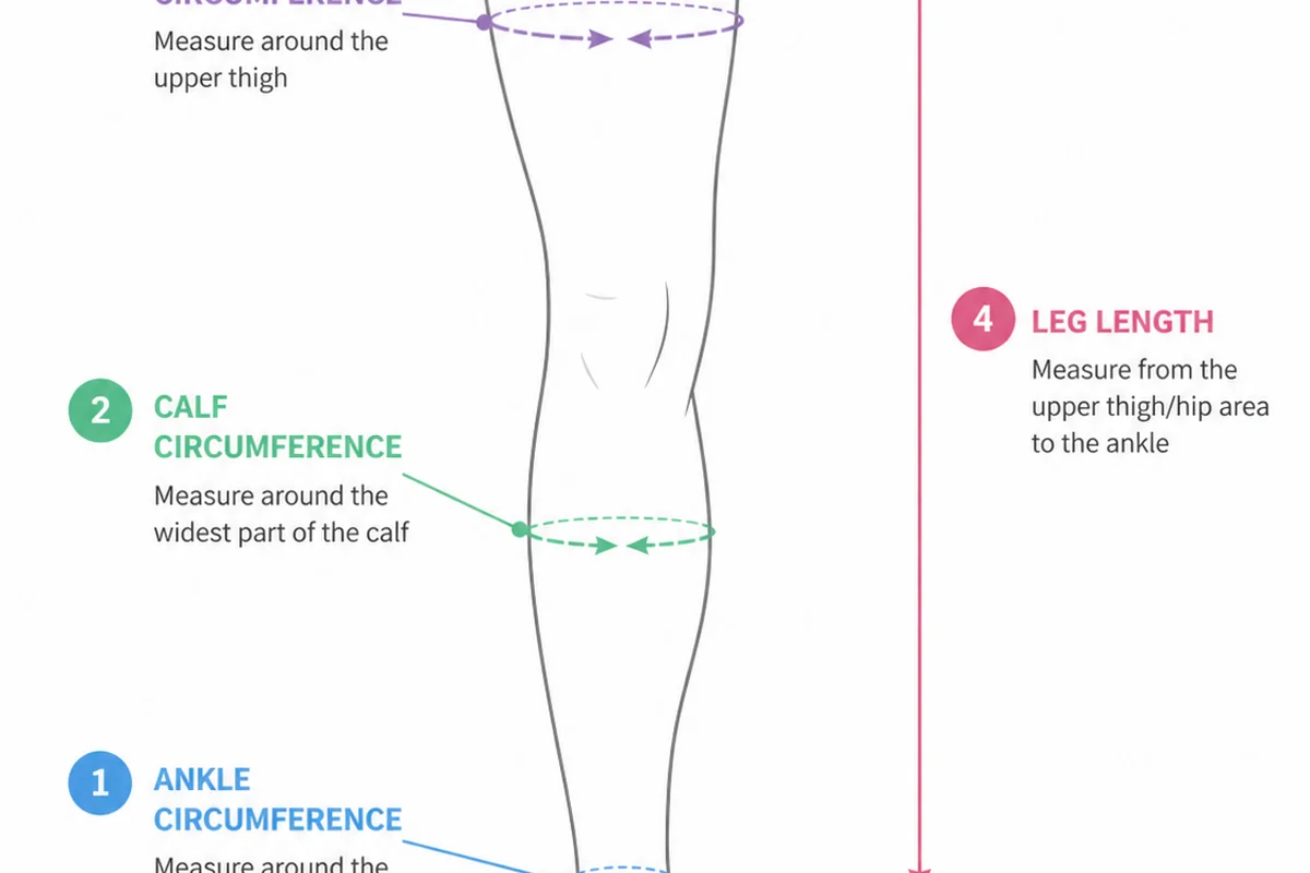 Step-by-step diagram showing where to measure ankle, calf, and leg length for compression stockings