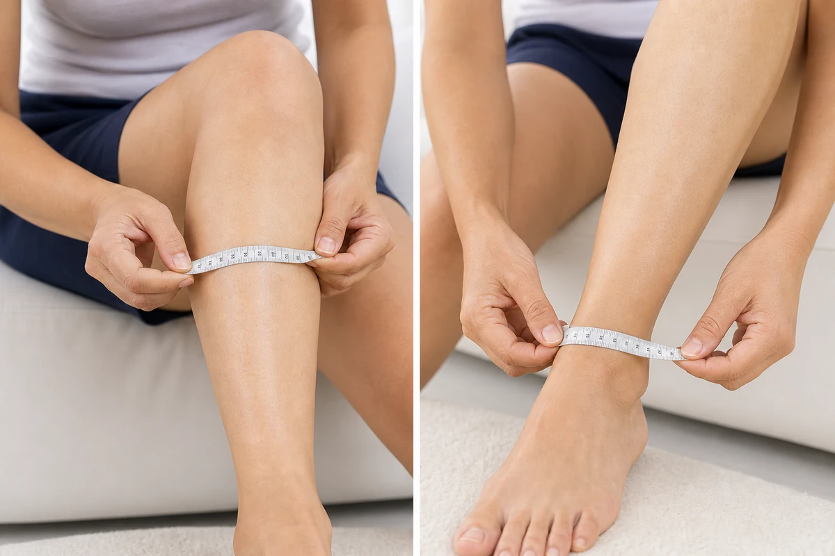 Diagram explaining mmHg measurement and graduated compression from ankle to calf
